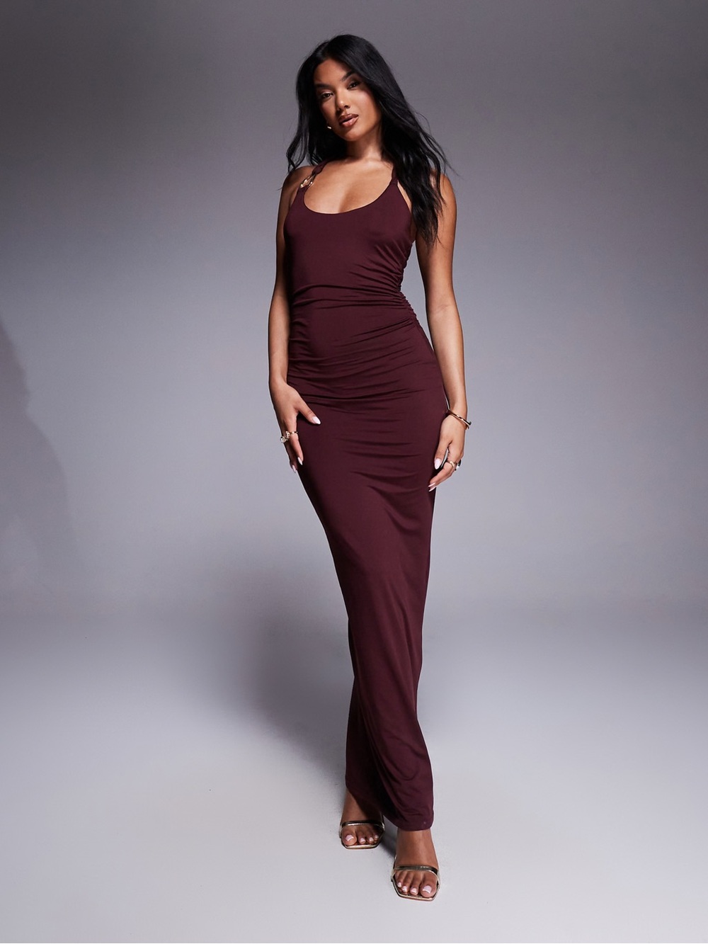 Elegant Halter Maxi Dress in Deep Burgundy